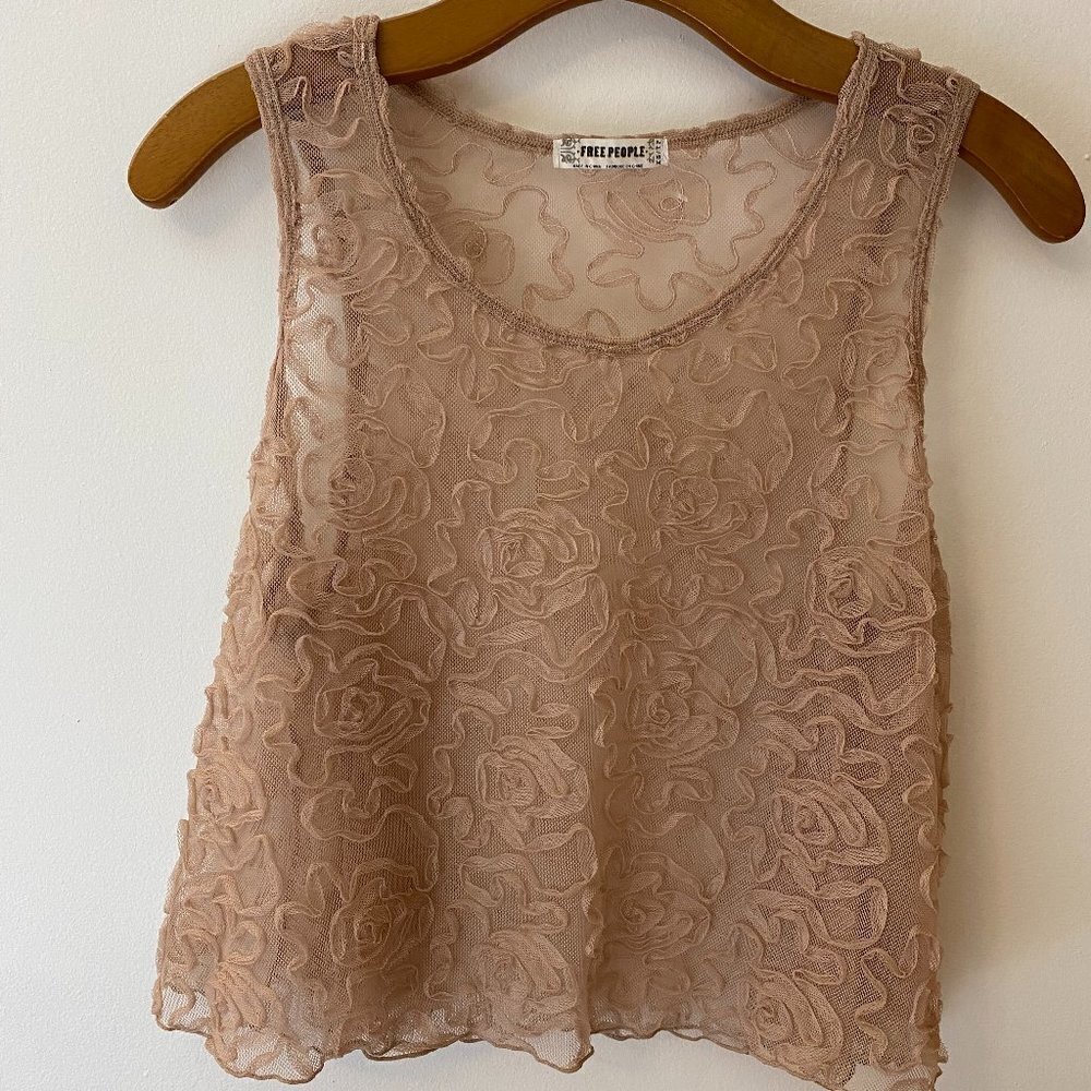 Free People Cottagecore Whimsy Oversized Embroidered Ribbon Nude Mesh Tank
